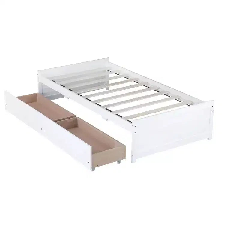 Letto singolo con 2 cassetti, in legno massello di caucciù, bianco, per camera da letto