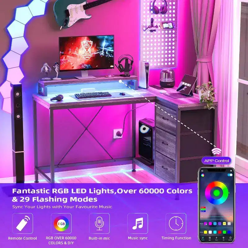 Scrivania Gaming a L con Luci LED, Prese di Corrente, Cassetti e Ripiani, Scrivania ad Angolo per Ufficio Domestico, Nero