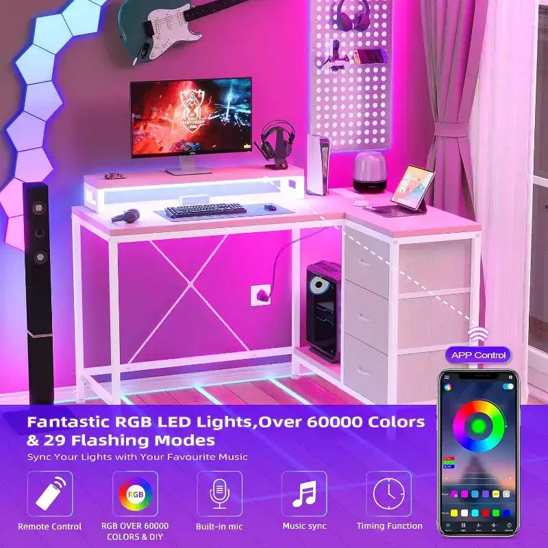 Scrivania Gaming a L con Luci LED, Prese di Corrente, Cassetti e Ripiani, Scrivania ad Angolo per Ufficio Domestico, Nero