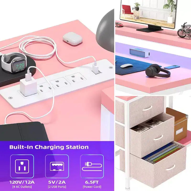 Scrivania Gaming a L con Luci LED, Prese di Corrente, Cassetti e Ripiani, Scrivania ad Angolo per Ufficio Domestico, Nero