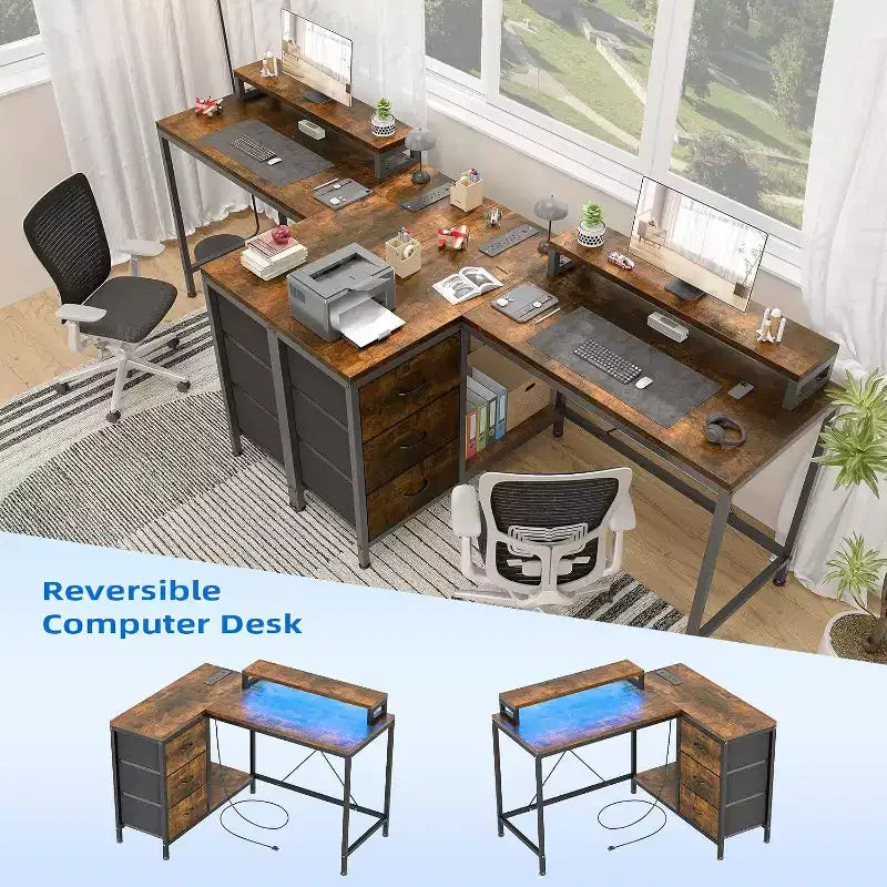 Scrivania Gaming a L con Luci LED, Prese di Corrente, Cassetti e Ripiani, Scrivania ad Angolo per Ufficio Domestico, Nero