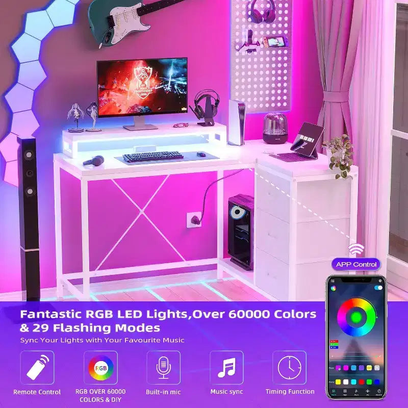 Scrivania Gaming a L con Luci LED, Prese di Corrente, Cassetti e Ripiani, Scrivania ad Angolo per Ufficio Domestico, Nero