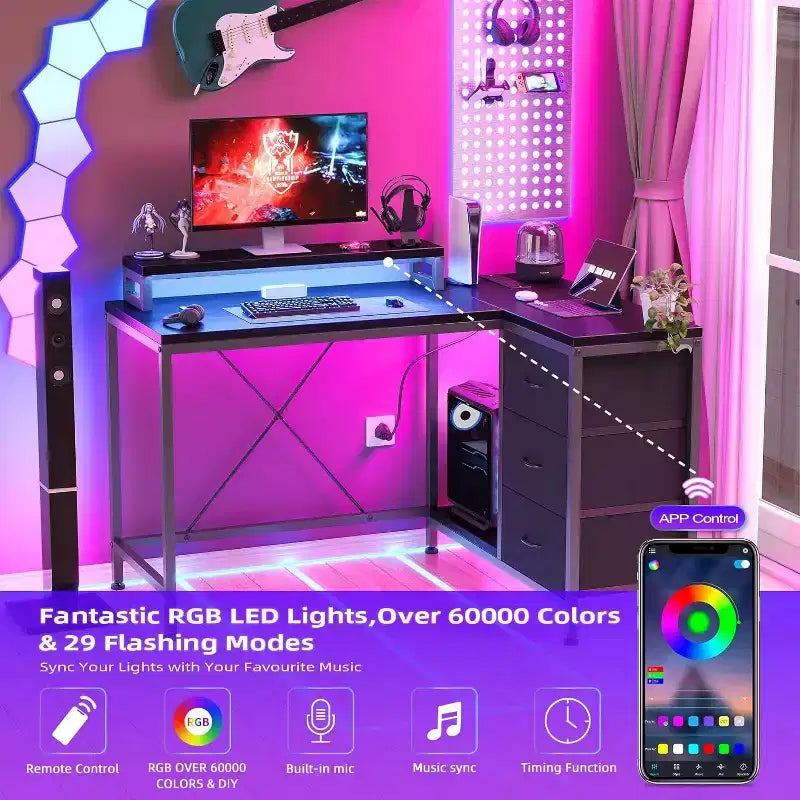 Scrivania Gaming a L con Luci LED, Prese di Corrente, Cassetti e Ripiani, Scrivania ad Angolo per Ufficio Domestico, Nero