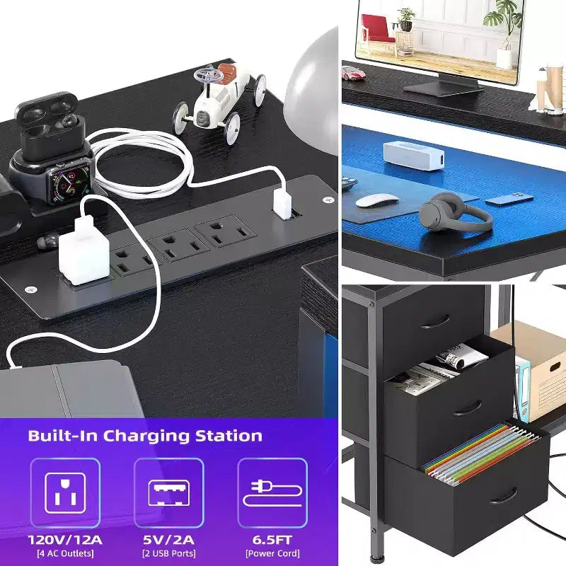 Scrivania Gaming a L con Luci LED, Prese di Corrente, Cassetti e Ripiani, Scrivania ad Angolo per Ufficio Domestico, Nero