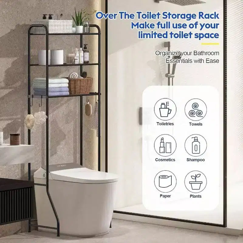 Scaffale da bagno salvaspazio da appoggio a 3 ripiani, organizer sopra il WC, colore nero
