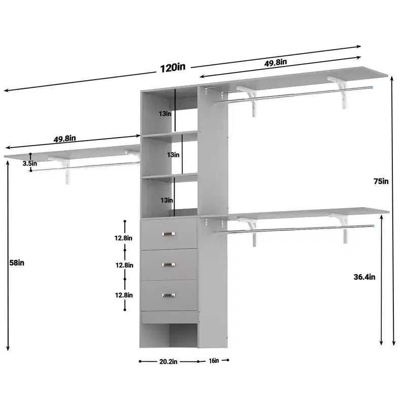 Sistema Organizzatore per Armadio da 120 cm con Cassetti in Legno, Guardaroba Fai-da-te con Aste Appendiabiti e Ripiani Contenitori