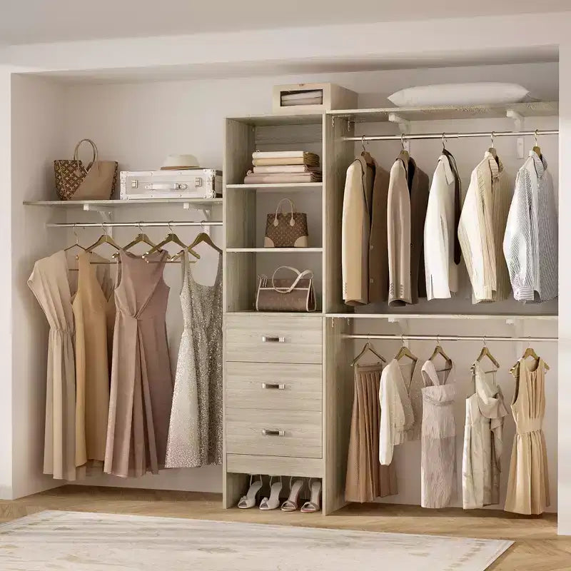 Sistema Organizzatore per Armadio da 120 cm con Cassetti in Legno, Guardaroba Fai-da-te con Aste Appendiabiti e Ripiani Contenitori
