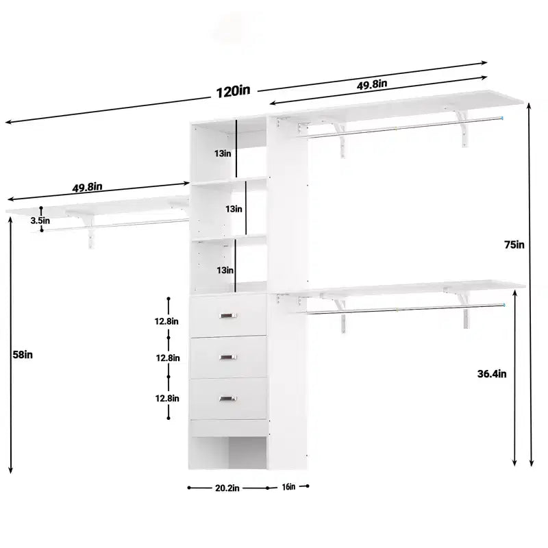 Sistema Organizzatore per Armadio da 120 cm con Cassetti in Legno, Guardaroba Fai-da-te con Aste Appendiabiti e Ripiani Contenitori
