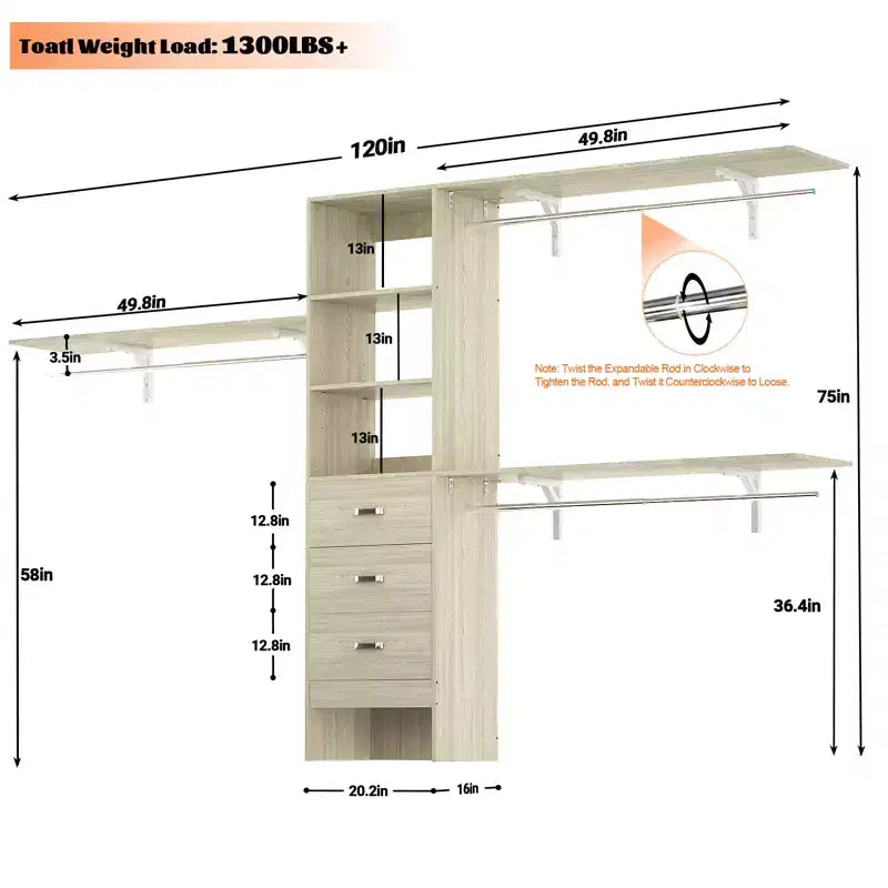 Sistema Organizzatore per Armadio da 120 cm con Cassetti in Legno, Guardaroba Fai-da-te con Aste Appendiabiti e Ripiani Contenitori