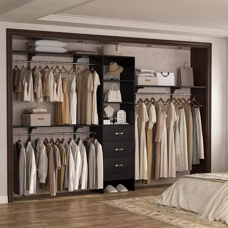 Sistema Organizzatore per Armadio da 120 cm con Cassetti in Legno, Guardaroba Fai-da-te con Aste Appendiabiti e Ripiani Contenitori