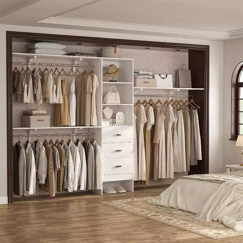Sistema Organizzatore per Armadio da 120 cm con Cassetti in Legno, Guardaroba Fai-da-te con Aste Appendiabiti e Ripiani Contenitori