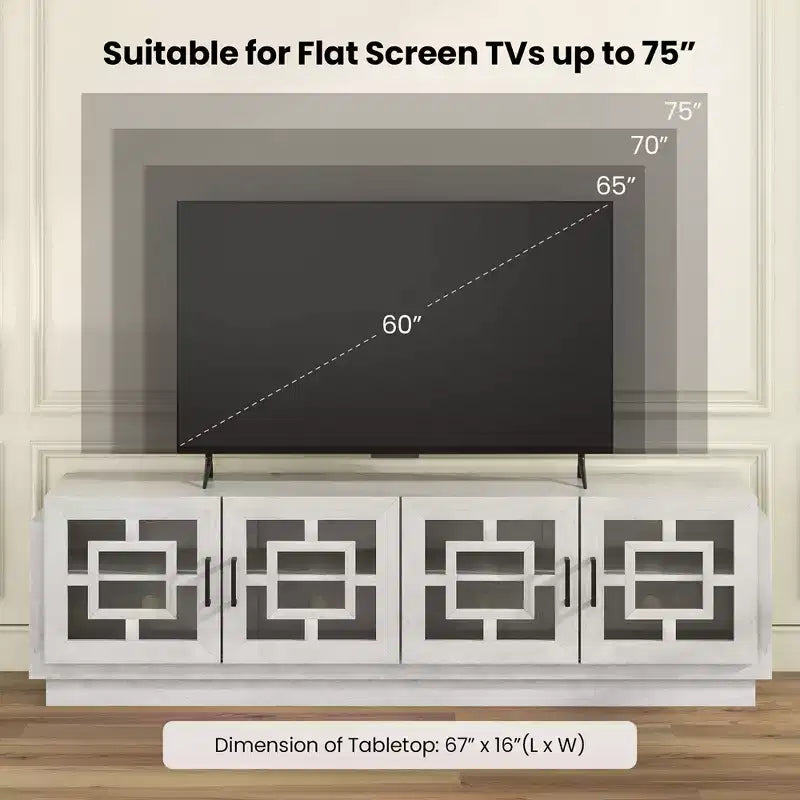 Mobile TV da fattoria con 4 ante in vetro e centro di intrattenimento per TV fino a 75 pollici, colore rovere bianco