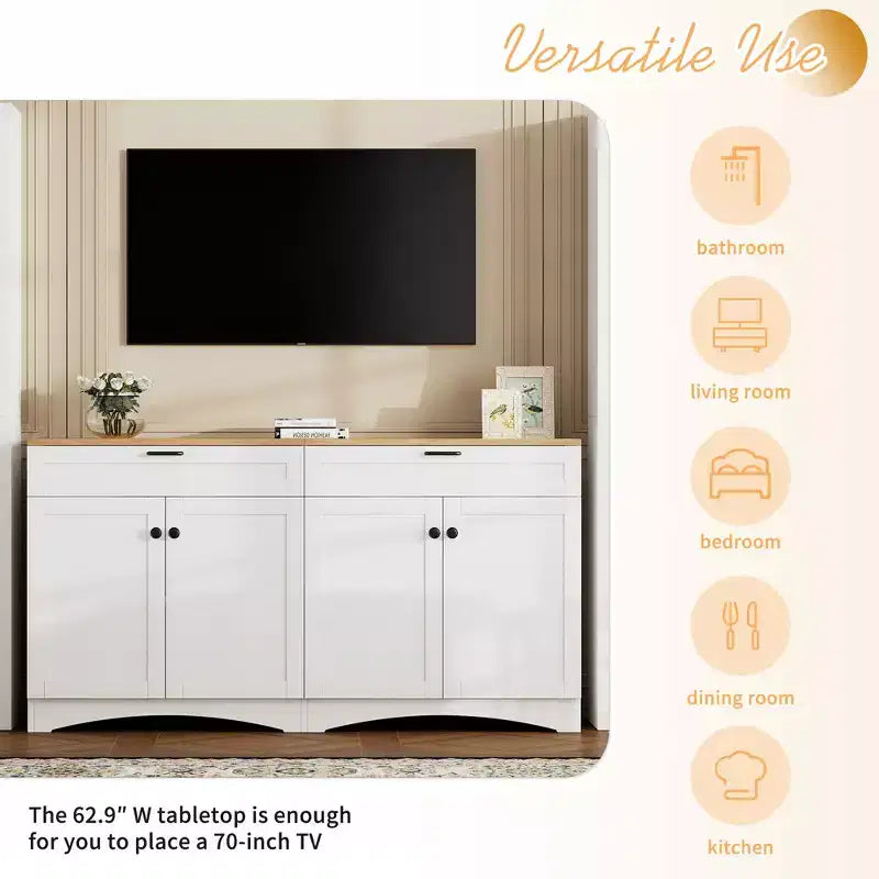 Mobile TV in Legno con 2 Cassetti per TV da 70 pollici, Mobile TV Contenitore con Ripiani Regolabili, Tavolino Console per Centro di Intrattenimento di Metà Secolo