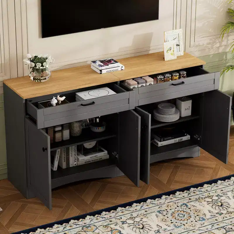 Mobile TV in Legno con 2 Cassetti per TV da 70 pollici, Mobile TV Contenitore con Ripiani Regolabili, Tavolino Console per Centro di Intrattenimento di Metà Secolo