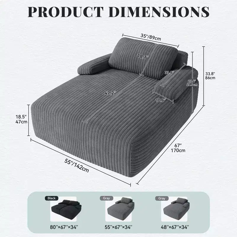 Chaise Longue da Interno in Velluto a Coste, 140 cm, Divano Letto Senza Struttura, Non Richiede Montaggio, Grigio