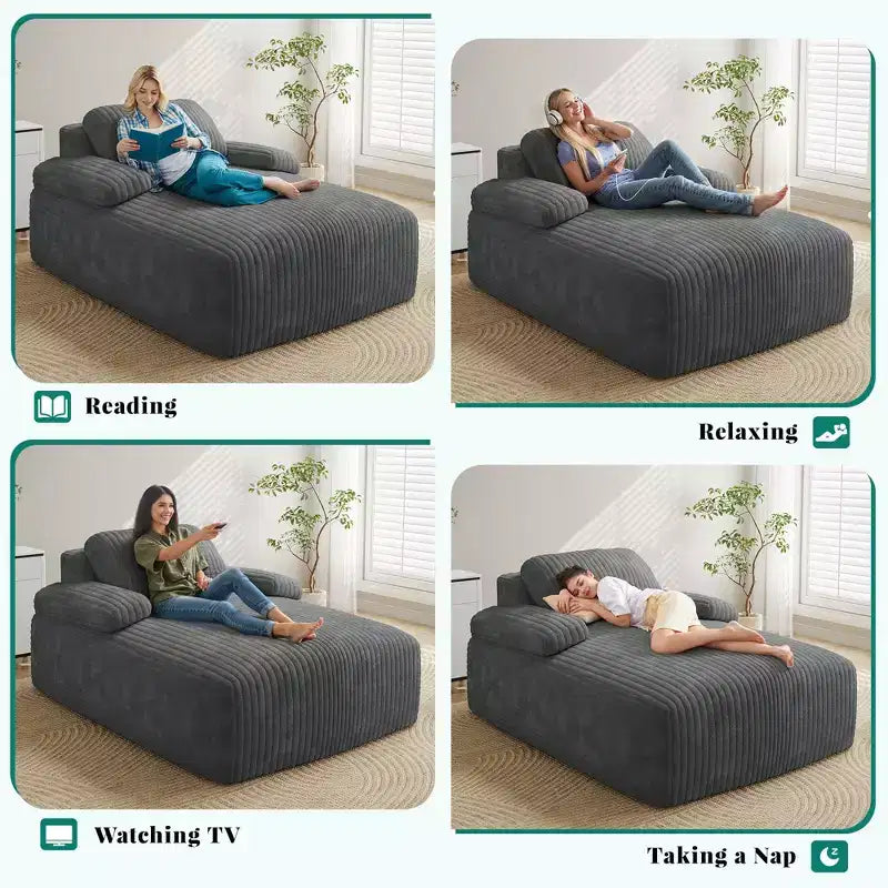 Chaise Longue da Interno in Velluto a Coste, 140 cm, Divano Letto Senza Struttura, Non Richiede Montaggio, Grigio
