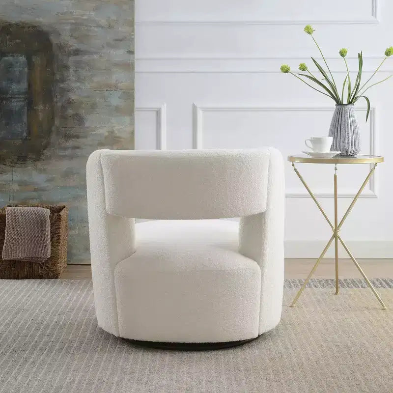 Poltrona girevole moderna imbottita a botte con design curvo, poltrona rotonda d'accento in morbido tessuto Teddy per soggiorno, camera da letto