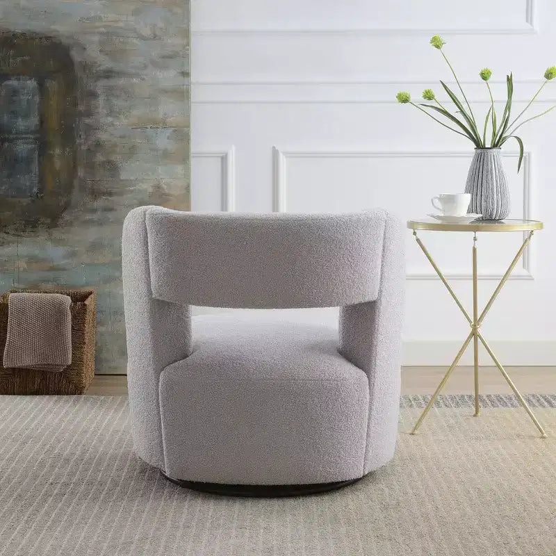 Poltrona girevole moderna imbottita a botte con design curvo, poltrona rotonda d'accento in morbido tessuto Teddy per soggiorno, camera da letto