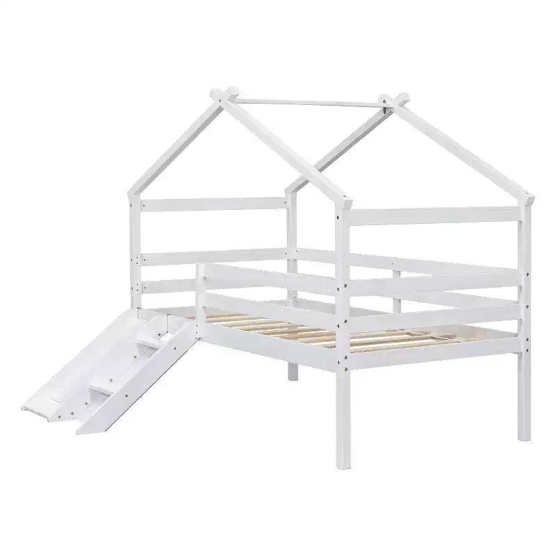 Letto a soppalco basso per bambini con scivolo, scaletta, spondine di sicurezza e struttura a casetta, per la cameretta