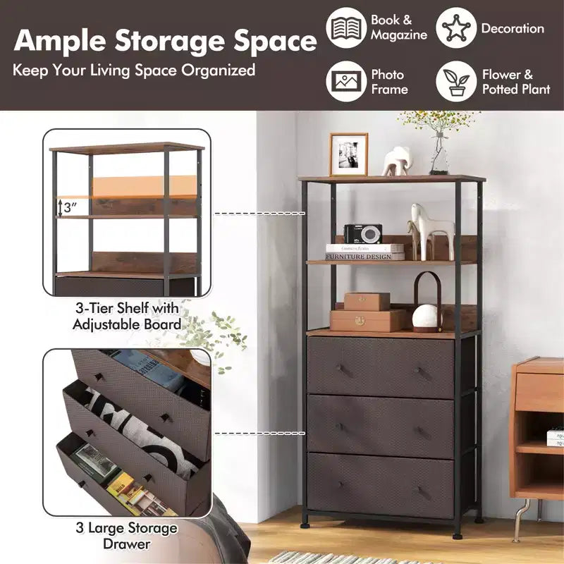 3 Drawer Dresser w/ Open Shelves Home Vertical Fabric Storage Unit Metal Frame