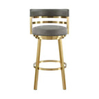 HomeRoots 26 Gray and Gold Faux Leather and Stainless Steel Low Back Counter Height Swivel Bar Chair