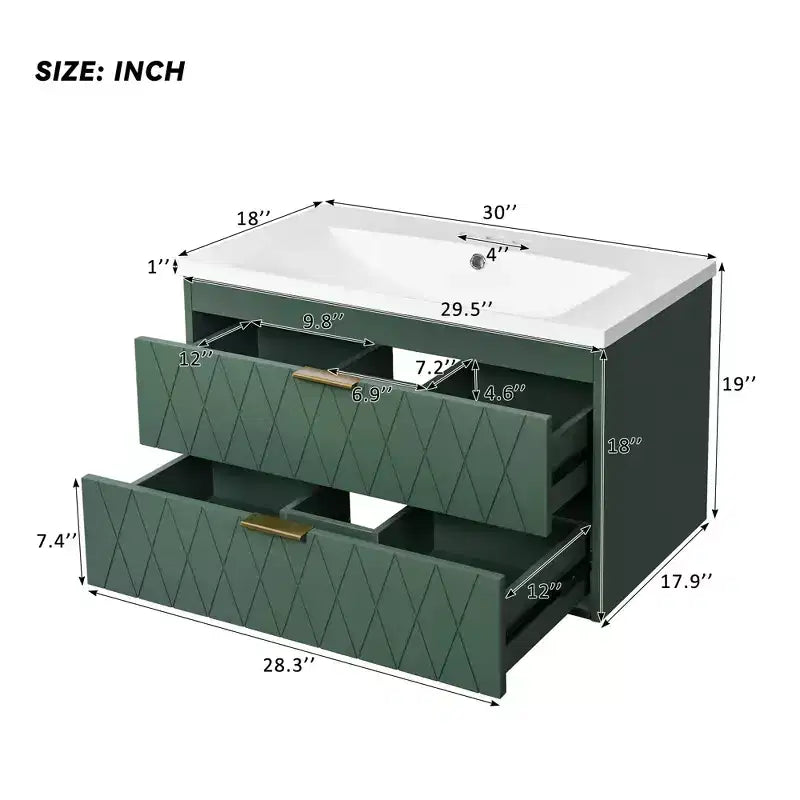 Mobile bagno da 30 pollici con lavabo, armadietto da bagno con cassetti salvaspazio, verde