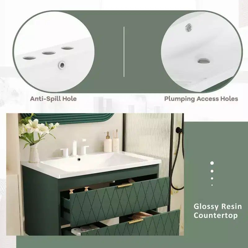 Mobile bagno da 30 pollici con lavabo, armadietto da bagno con cassetti salvaspazio, verde