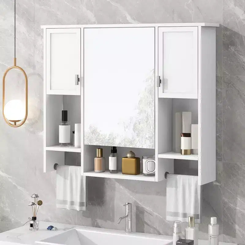 Mobiletto da bagno 35" x 28" con specchio e portasciugamani, armadietto a muro da bagno, pensile in legno, armadietti dei medicinali