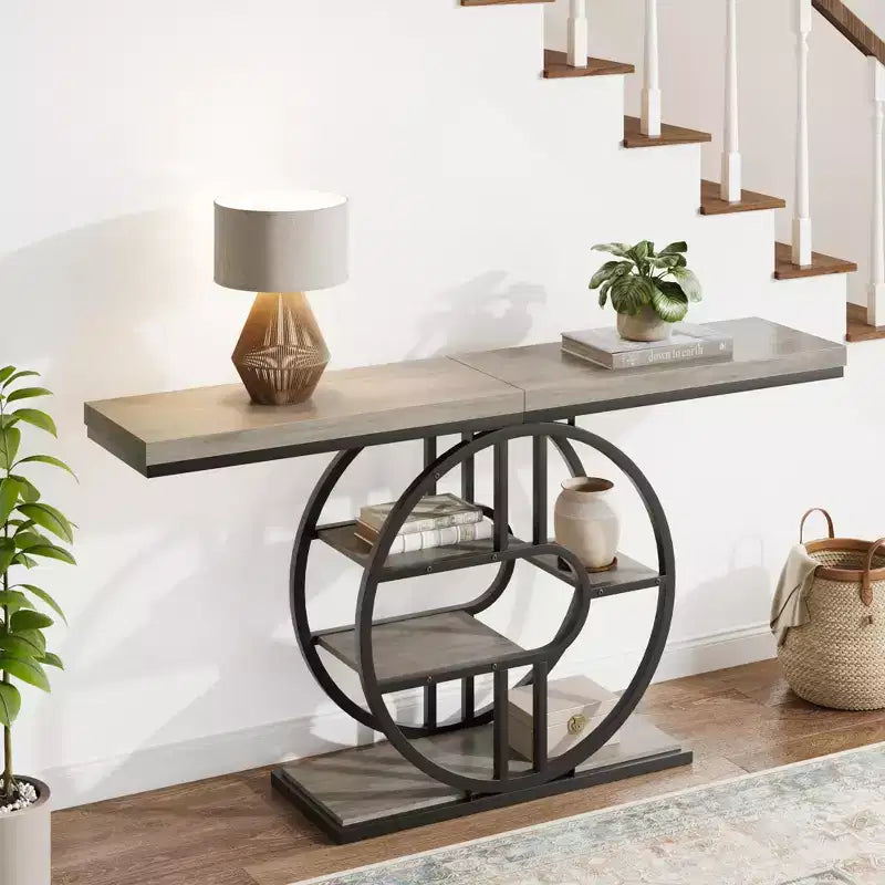 Console per ingresso, scaffali portaoggetti, tavolino stretto a 5 ripiani con scaffali rotondi, per soggiorno, corridoio, struttura in metallo a forma di o