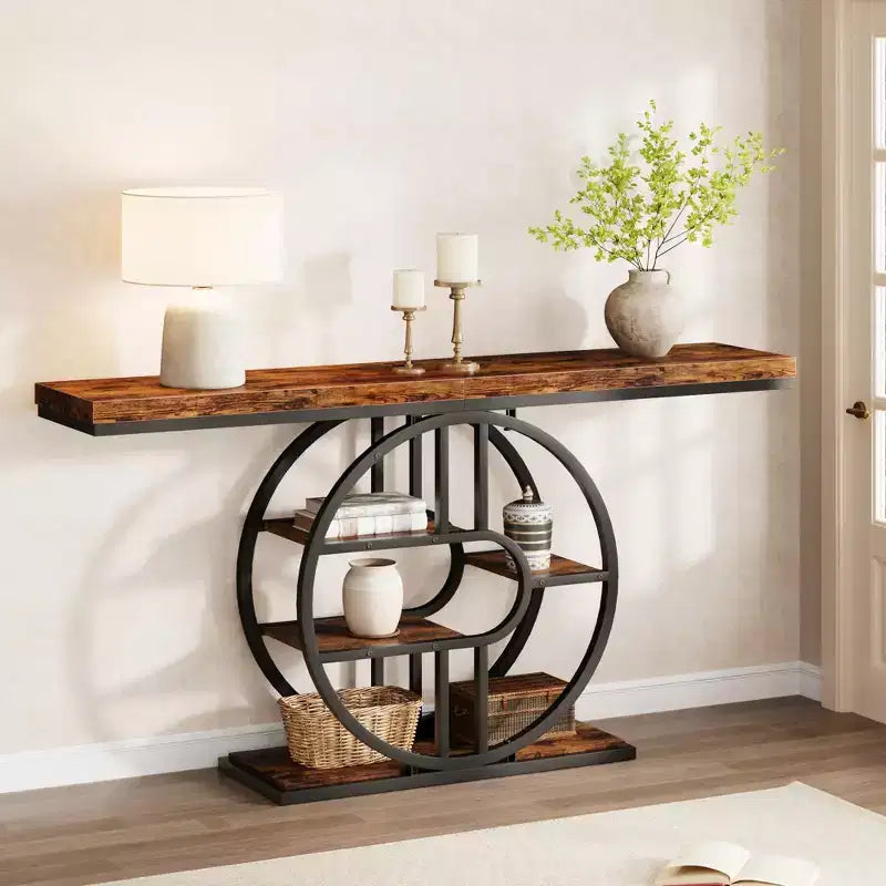 Console per ingresso, scaffali portaoggetti, tavolino stretto a 5 ripiani con scaffali rotondi, per soggiorno, corridoio, struttura in metallo a forma di o