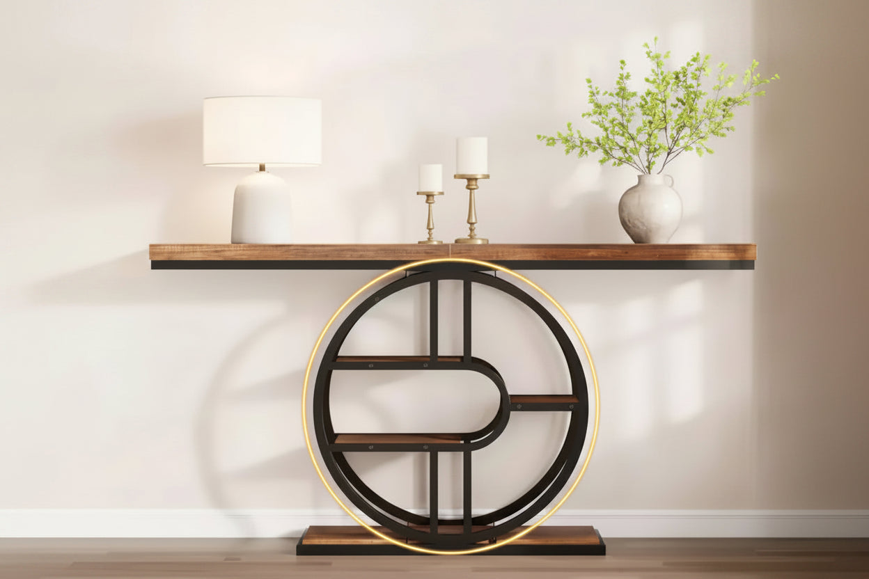 Console Table for Entryway, Storage Shelves, 5-Tier Narrow Accent Table with Circle Storage Shelves for Living Room, Hallway, o-Shaped Metal Frame