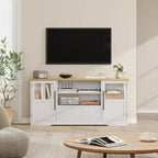 Mobile TV da 63 pollici per televisori fino a 75 pollici con ante in vetro e ripiani aperti, console multimediale moderna stile farmhouse con gestione dei cavi per soggiorno