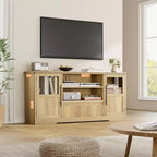 Mobile TV da 63 pollici per televisori fino a 75 pollici con ante in vetro e ripiani aperti, console multimediale moderna stile farmhouse con gestione dei cavi per soggiorno