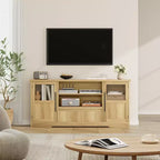 Mobile TV da 63 pollici per televisori fino a 75 pollici con ante in vetro e ripiani aperti, console multimediale moderna stile farmhouse con gestione dei cavi per soggiorno