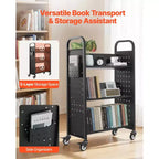 Carrello portaprese da biblioteca, capacità 150 kg, 30,3 x 15 x 48,0 pollici, scaffali a V a lato singolo con ruote bloccabili da 3 pollici, nero