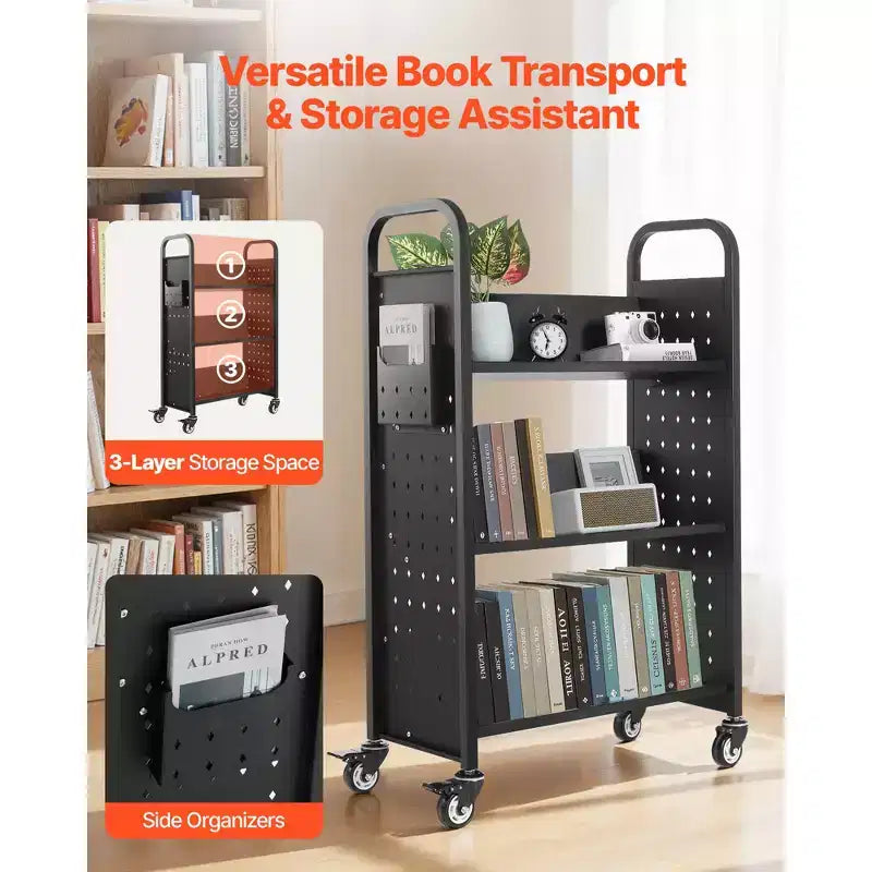 Carrello portaprese da biblioteca, capacità 150 kg, 30,3 x 15 x 48,0 pollici, scaffali a V a lato singolo con ruote bloccabili da 3 pollici, nero