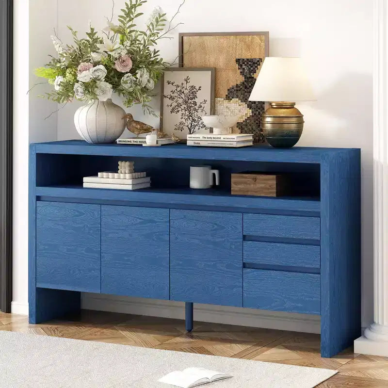 Mobiletto contenitore da 60" a buffet con 3 ante, 3 cassetti e ripiano aperto, consolle d'ingresso d'accento, blu navy