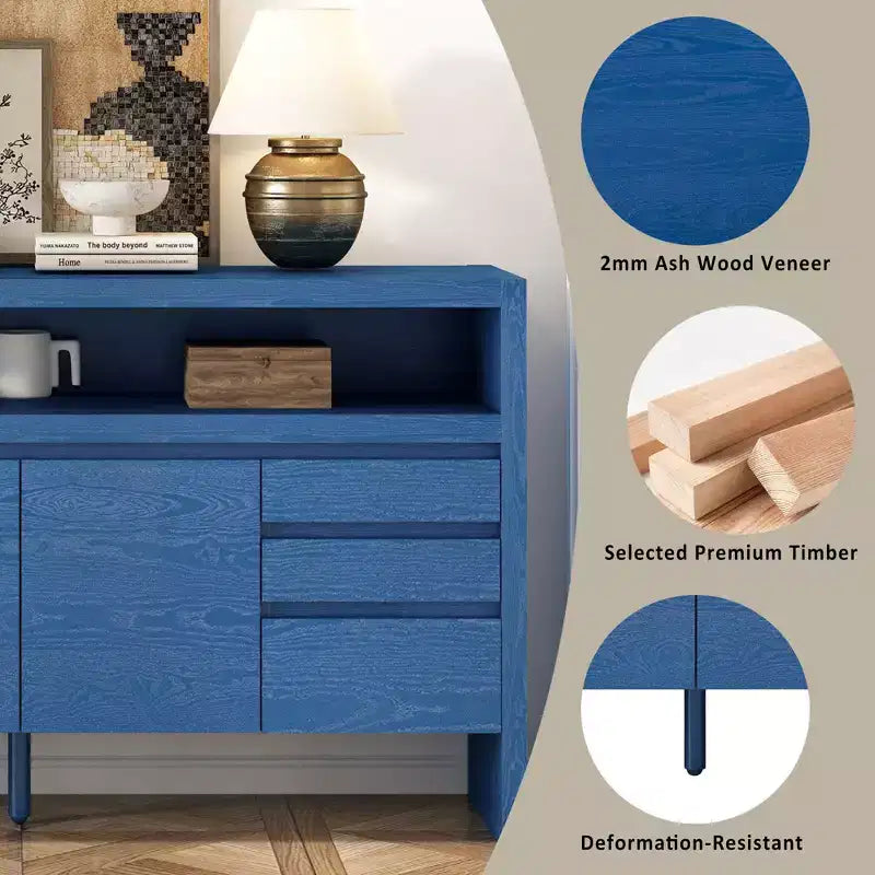 Mobiletto contenitore da 60" a buffet con 3 ante, 3 cassetti e ripiano aperto, consolle d'ingresso d'accento, blu navy