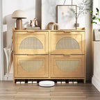 Rattan Shoe Storage Cabinet with 4 Flip Drawers, Hidden Shoe Storage Organizer, Freestanding Narrow Shoe Rack Cabinet For Hallway Living Room
