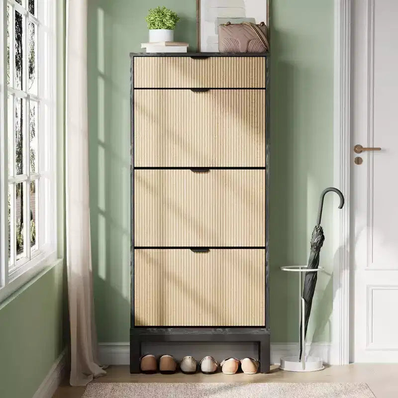 Fluted Shoe Cabinet with 3 Flip Drawers and 1 Drawer, Wood Freestanding Hidden Shoe Organizer with Adjustable Shelves
