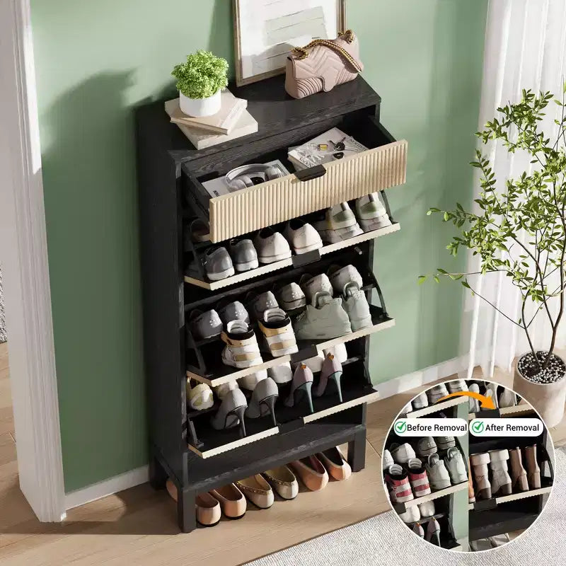 Fluted Shoe Cabinet with 3 Flip Drawers and 1 Drawer, Wood Freestanding Hidden Shoe Organizer with Adjustable Shelves