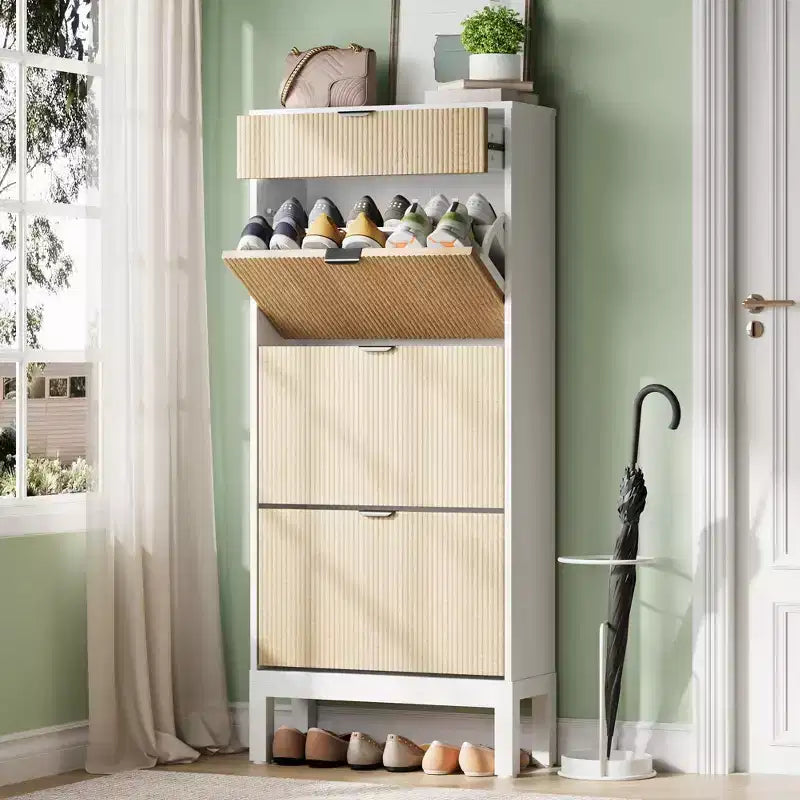 Fluted Shoe Cabinet with 3 Flip Drawers and 1 Drawer, Wood Freestanding Hidden Shoe Organizer with Adjustable Shelves