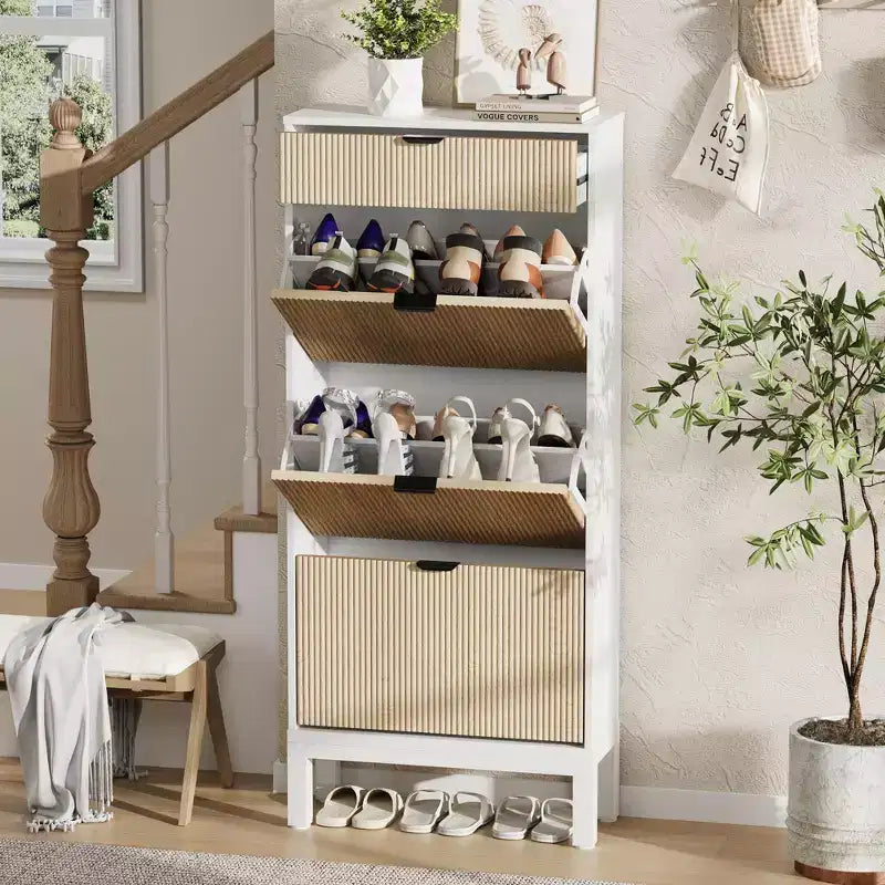 Fluted Shoe Cabinet with 3 Flip Drawers and 1 Drawer, Wood Freestanding Hidden Shoe Organizer with Adjustable Shelves