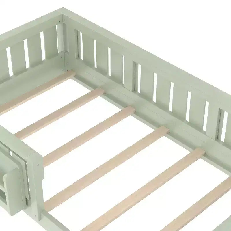 Letto a Pavimento Doppio con Libreria Integrata e Sponda di Sicurezza, Struttura del Letto a Pavimento per Bambini in Legno di Pino, Nessuna Rete a Molle Necessaria, Verde Avocado