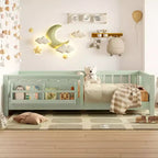 Letto a Pavimento Doppio con Libreria Integrata e Sponda di Sicurezza, Struttura del Letto a Pavimento per Bambini in Legno di Pino, Nessuna Rete a Molle Necessaria, Verde Avocado