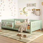 Letto a Pavimento Doppio con Libreria Integrata e Sponda di Sicurezza, Struttura del Letto a Pavimento per Bambini in Legno di Pino, Nessuna Rete a Molle Necessaria, Verde Avocado