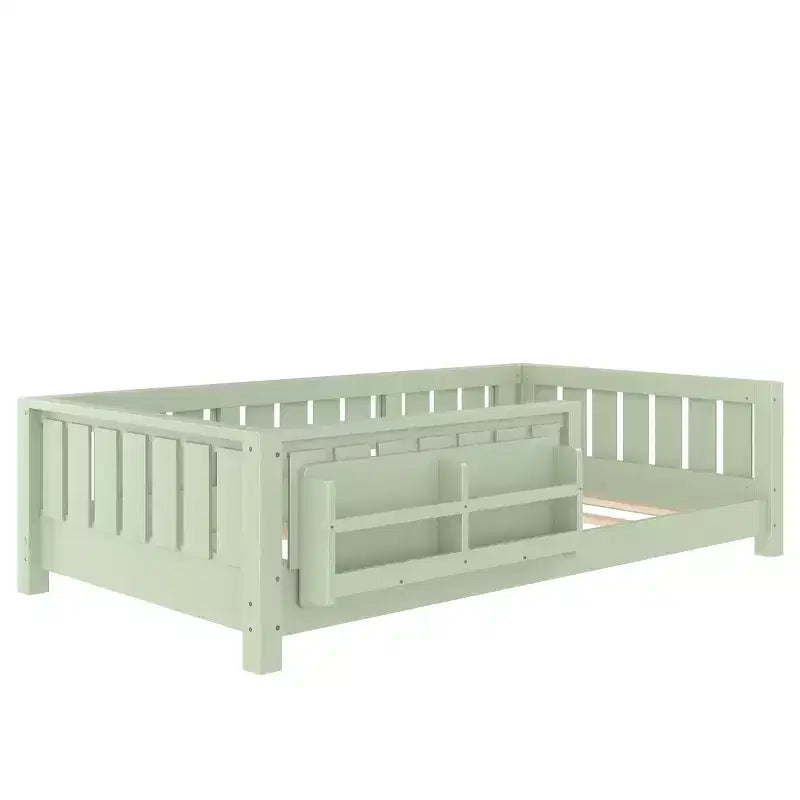 Letto a Pavimento Doppio con Libreria Integrata e Sponda di Sicurezza, Struttura del Letto a Pavimento per Bambini in Legno di Pino, Nessuna Rete a Molle Necessaria, Verde Avocado