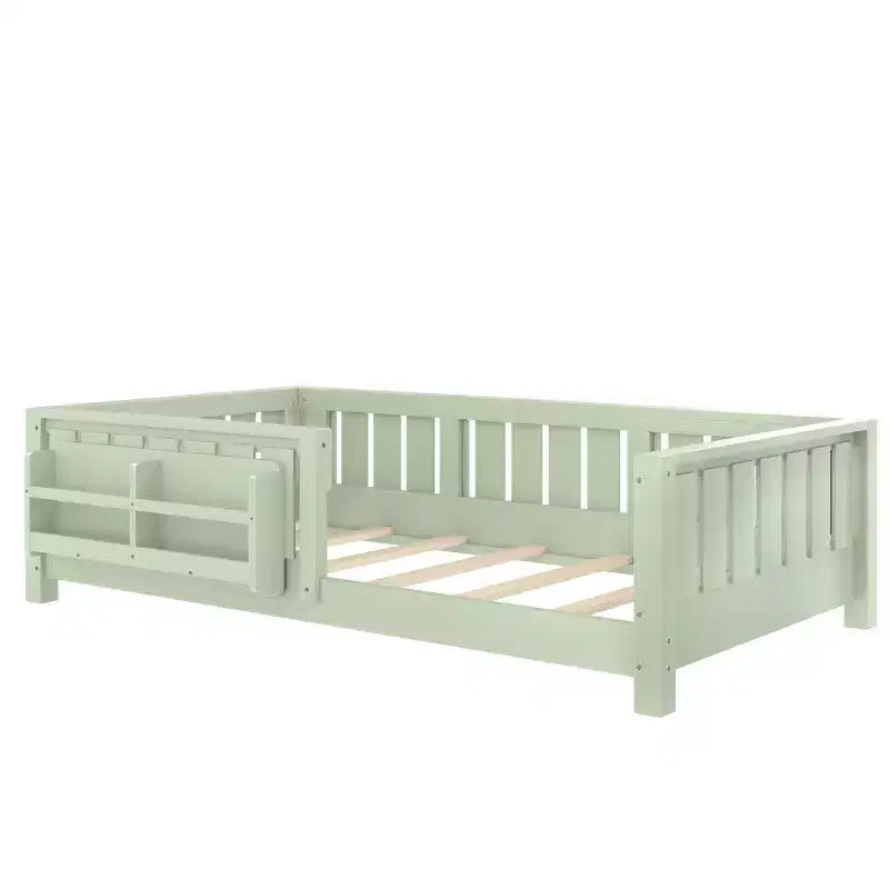 Letto a Pavimento Doppio con Libreria Integrata e Sponda di Sicurezza, Struttura del Letto a Pavimento per Bambini in Legno di Pino, Nessuna Rete a Molle Necessaria, Verde Avocado