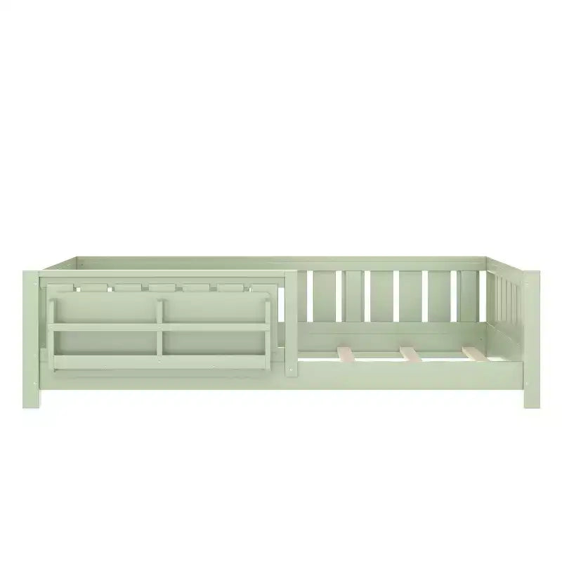 Letto a Pavimento Doppio con Libreria Integrata e Sponda di Sicurezza, Struttura del Letto a Pavimento per Bambini in Legno di Pino, Nessuna Rete a Molle Necessaria, Verde Avocado