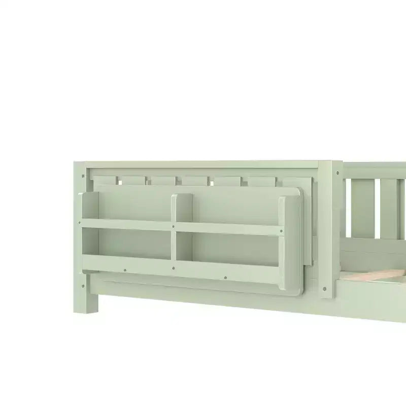 Letto a Pavimento Doppio con Libreria Integrata e Sponda di Sicurezza, Struttura del Letto a Pavimento per Bambini in Legno di Pino, Nessuna Rete a Molle Necessaria, Verde Avocado